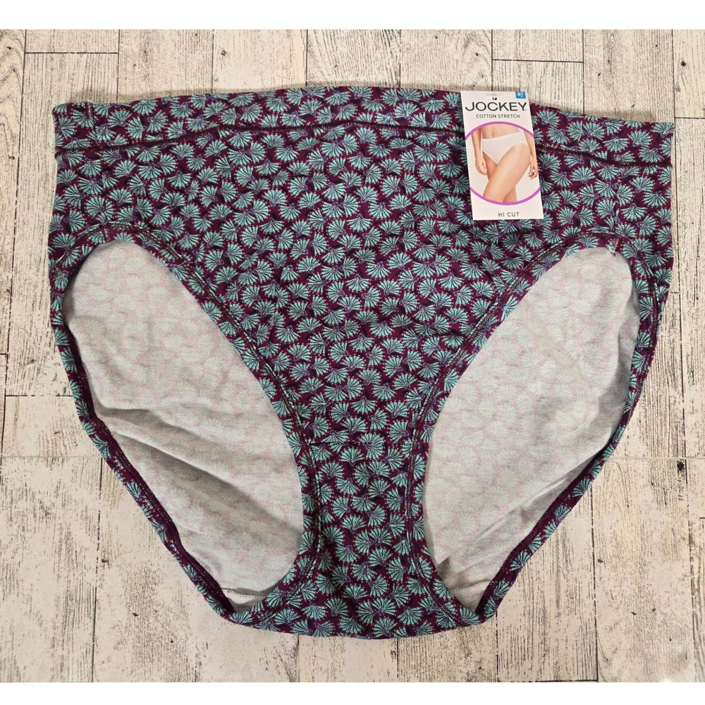 Jockey Cotton Stretch Hi Cut Panties Size 9 XXL Purple Teal Fan Print 001555/420